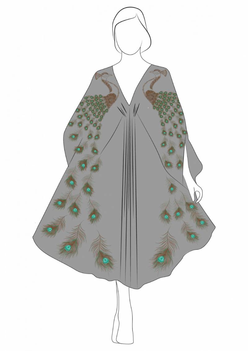 Vázlat a Maskit által tervezett, páva hímzésű kaftánról